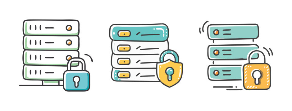 Secure server icons with padlock and shield for data center protection