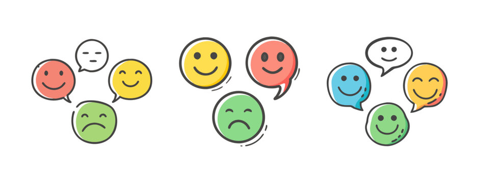 Hand-drawn icons for sentiment analysis with happy, sad, and neutral faces in bubbles