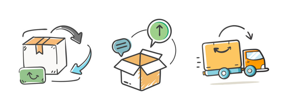 Shipping updates icons showing package return, communication, and delivery truck.