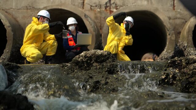 Group of scientists in protective suits are collecting water samples from drainage pipes before taking to the lab for further analysis to determine of pollutants