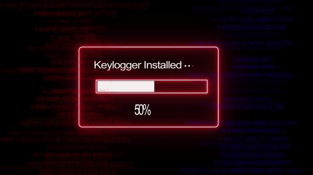 Cyber security threat simulation featuring a malicious keylogger software installation progress bar with red glowing ui and background, binary code data, stream for advanced, digital crime concepts