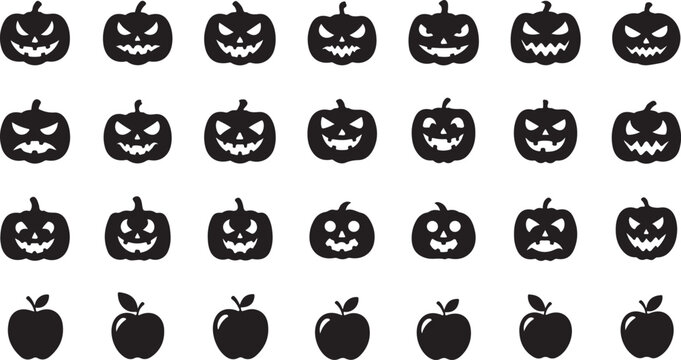 A collection of black silhouette carved pumpkin faces and apples isolated on a white background