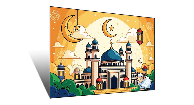A flat vector illustration of a beautiful mosque with blue domes and tall minarets during sunset. The sky has a warm orange and yellow gradient with crescent moons, stars, and clouds. Decorative hangi