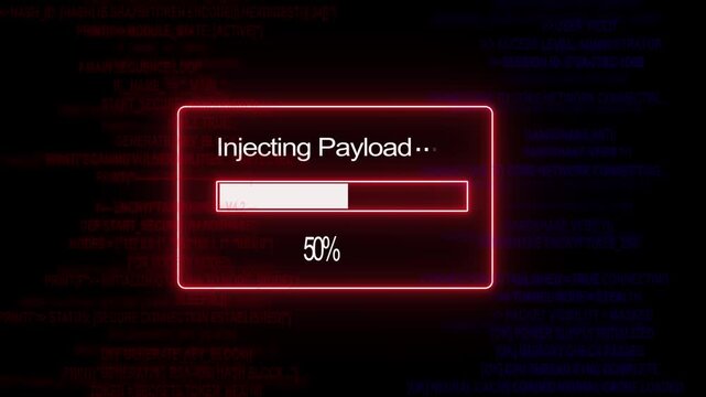 Cyber security breach simulation featuring a red glowing progress bar displaying injecting payload text over a dark background, with scrolling digital, binary code and, system network connection
