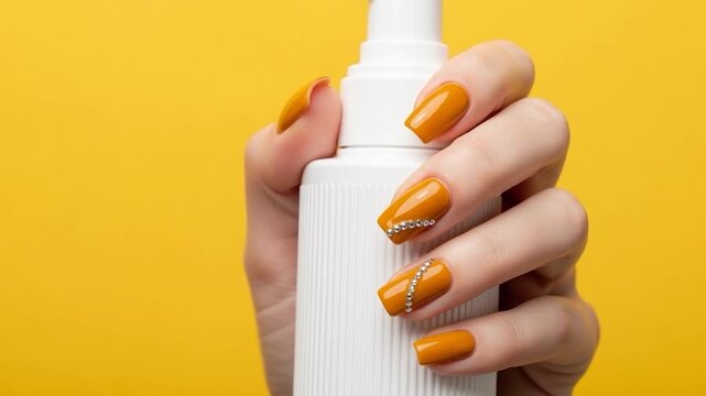 Hand holding white bottle with orange nail polish and rhinestones on fingernails