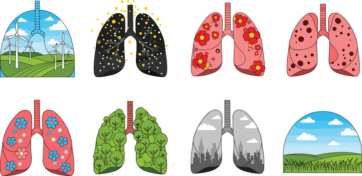 Creative Human Lung Vector Set Showing Healthy and Diseased Respiratory Conditions with Environmental Pollution, Allergies, and Medical Awareness Illustration Concepts.