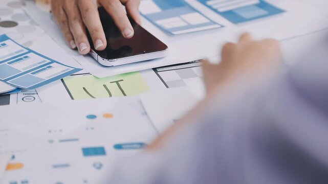 Asian women working together as web designers in an office, pointing at whiteboard with uxui mobile app wireframe
