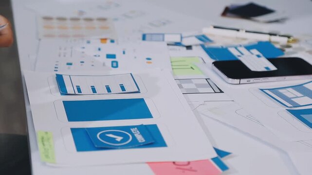 Asian women working together as web designers in an office, pointing at whiteboard with uxui mobile app wireframe