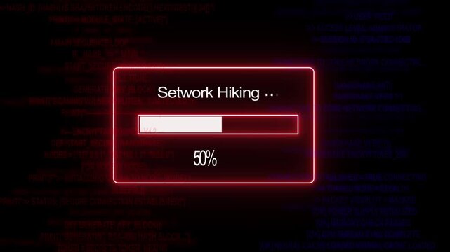 Cybersecurity network hacking progress bar animation with red glowing ui interface, digital data breach simulation, system vulnerability scan, and encrypted code background, for tech and, it security