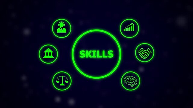 Skills concept with icons representing customer service finance growth handshake justice. Skills and business growth concept. Learning, intelligence, and professional development strategy.