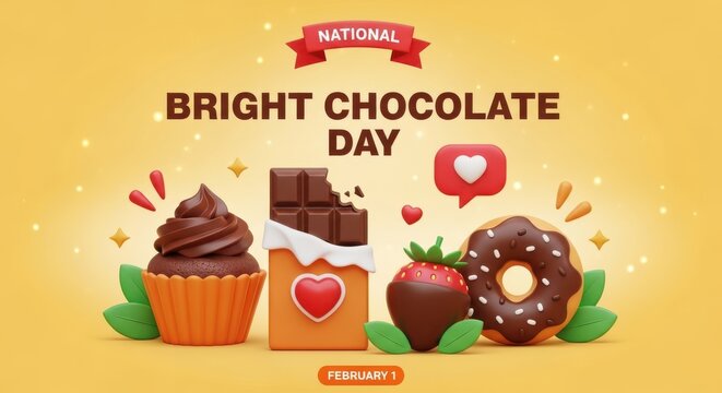 3d render of chocolate sweets for national bright chocolate day celebration on february 1st with cupcake, chocolate bar, strawberry and donut
