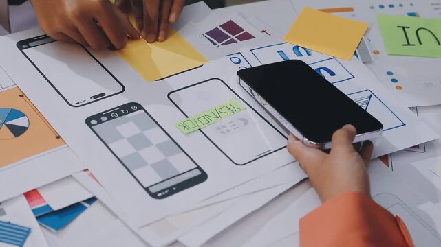 Asian women working together as web designers in an office, pointing at whiteboard with uxui mobile app wireframe