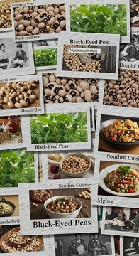 Collage of black-eyed peas, dishes, plants, and vintage photos