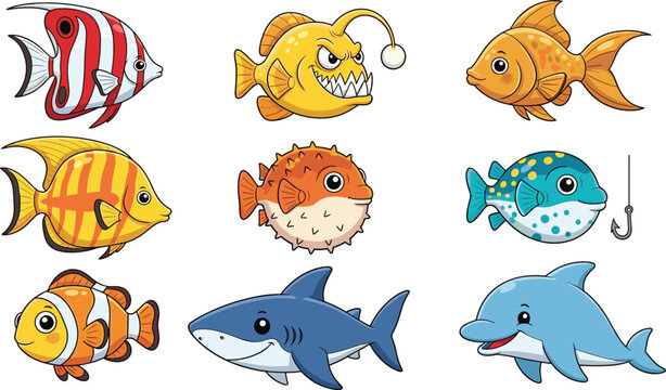 Cartoon sea animals vector set. Cute fish and shark characters collection. Colorful underwater creatures including pufferfish, anglerfish and dolphin, playful marine illustration.