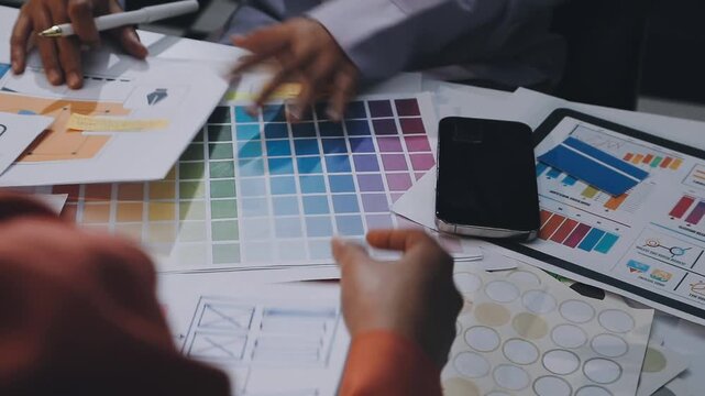Asian women working together as web designers in an office, pointing at whiteboard with uxui mobile app wireframe