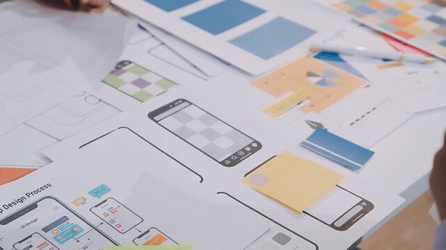 Asian women working together as web designers in an office, pointing at whiteboard with uxui mobile app wireframe