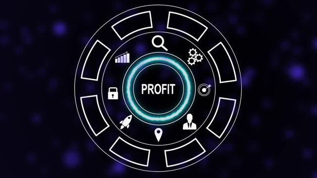 Digital profit optimization dashboard interface featuring animated business strategic growth analytics, financial success metrics, and corporate management symbols for modern data-driven marketing