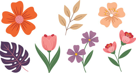 Obraz premium Colorful Hand Drawn Floral Vector Set with Abstract Flowers Leaves and Botanical Elements for Spring Design, Branding, Decoration, and Creative Projects.