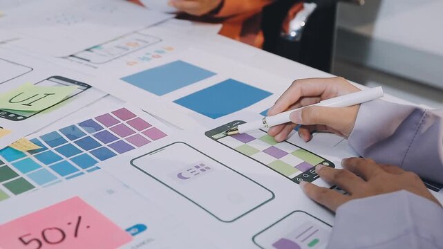 Asian women working together as web designers in an office, pointing at whiteboard with uxui mobile app wireframe