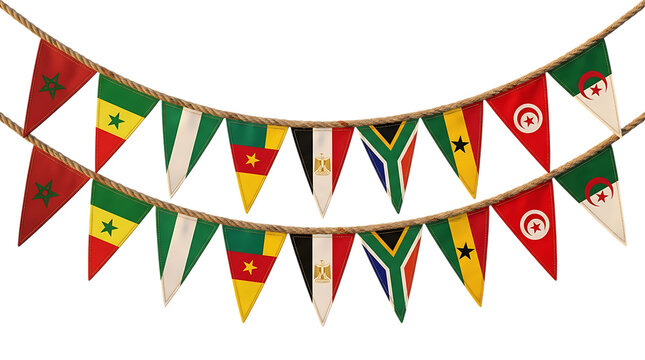 African country flags on festive bunting garland on white background