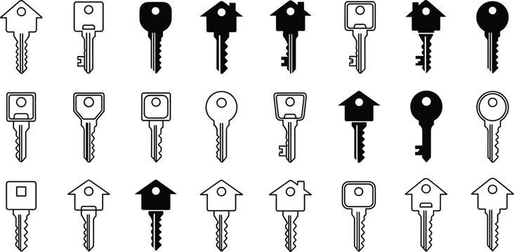 House keys icons set vector. Real estate key shapes collection. Simple outline and solid locksmith symbols for home security, property access and lock design.