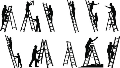 Construction workers on ladders silhouette set with builders performing maintenance installation and repair tasks © Natasa.White
