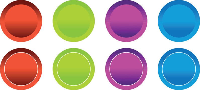 A set of eight high-quality circular buttons featuring a glossy reflective gradient finish. These vibrant UI elements offer a polished look suitable for interactive web components mobile applications 
