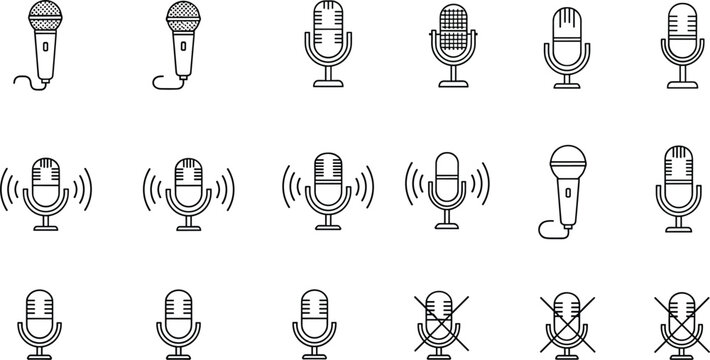 Microphone icons vector set. Audio recording and voice symbols collection. Line style mics with sound waves and mute icons for podcast, studio and media design.