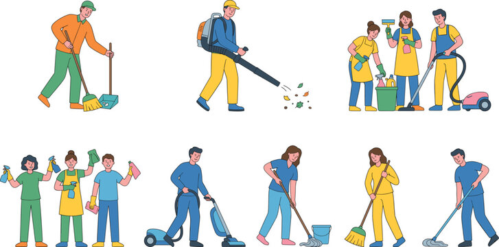 Cleaning service workers set with janitors housekeeping staff using equipment for maintenance and sanitation tasks
