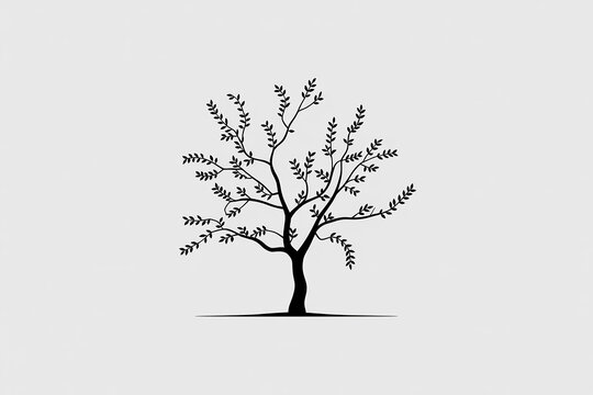 Silhouette of a bare tree with leaves isolated on a white background