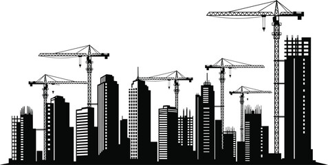 Naklejka premium Construction Site City Skyline Silhouette Featuring Modern Buildings Skyscraper Development and Tower Cranes Representing Urban Growth Real Estate and Infrastructure Projects