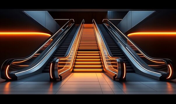 Sleek modern escalators ascend in dark futuristic subway station with orange lighting.