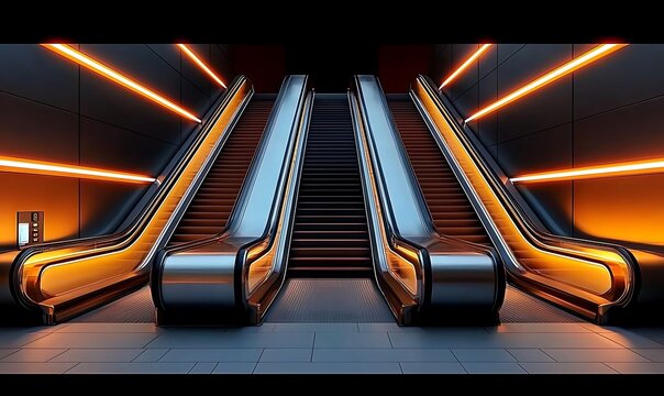 Sleek escalators ascend in futuristic subway station with glowing orange horizontal lights.