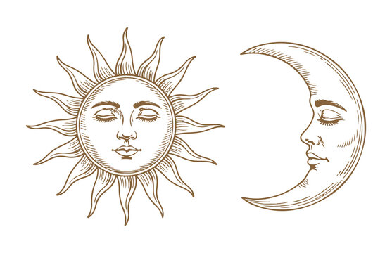Vintage Engraving Style Illustration of Sun and Moon with Human Faces