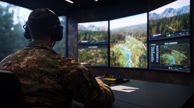 Soldier sits at desk operating computer screens displaying landscape and map views.