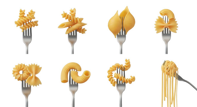 various pasta shapes impaled on forks diverse forms and textures with a clean white backdrop culinary content