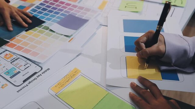 Asian women working together as web designers in an office, pointing at whiteboard with uxui mobile app wireframe