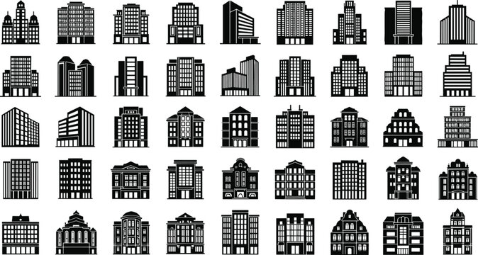 Large collection of diverse city building silhouettes featuring modern skyscrapers, commercial office blocks, and residential apartments isolated on white background