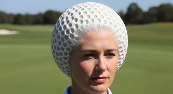 A woman wearing a golf ball hat stands on a golf course with a green field and trees in the background.