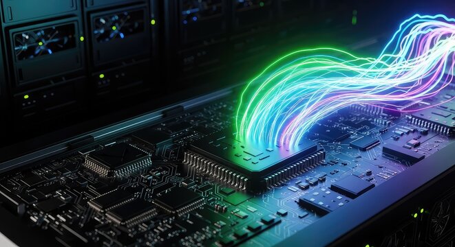 Luminous digital data streams flow rapidly through dark high-tech circuitry and server hardware as a massive security breach occurs silently, future, security, optic