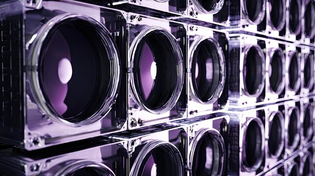 Array of modern lens systems reflecting purple light