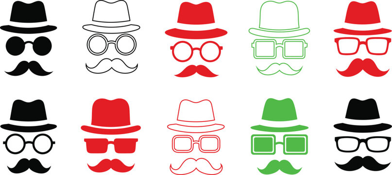 Colorful hat and mustache silhouettes a whimsical collection of facial accessories
