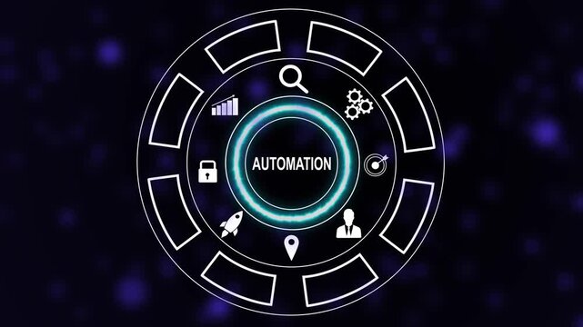 Dynamic digital interface featuring advanced business automation technology concepts with interactive circular hud futuristic data analytics and glowing cybernetic network connectivity