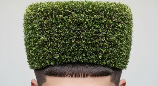 A man with a unique haircut featuring a square-shaped green grass topiary on his head