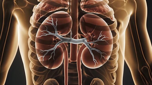 Detailed 3D Render of Human Kidneys and Urinary System Anatomy.