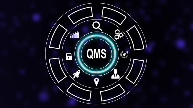 Management system qms digital interface concept featuring animated business and strategic workflow symbols for corporate process optimization and industrial standards presentation
