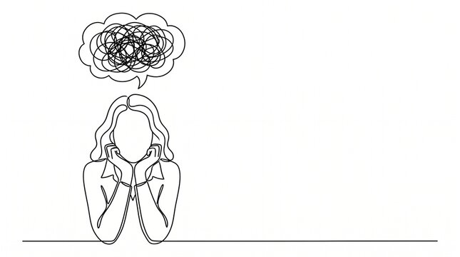 A woman's abstract thought bubble represents confusion and a chaotic mind, illustrated with a single continuous line drawing