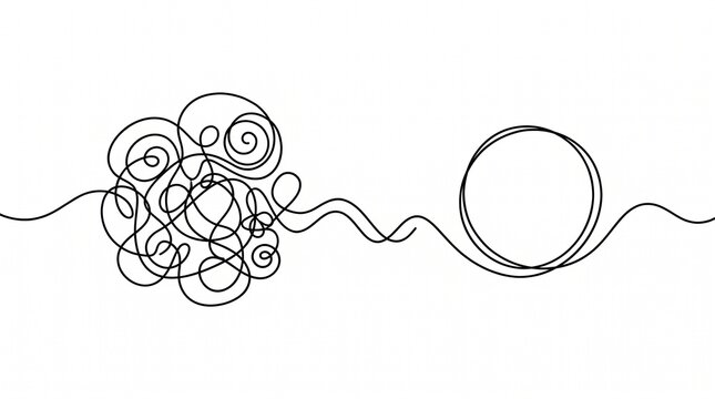 Abstract visualization of untangling complex business problems into clear, streamlined solutions, symbolizing efficient management, strategic thinking, and process simplification