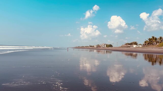 El Pared&oacute;n, Guatemala, is a serene black sand beach with crashing Pacific waves, palm trees, surfers, and breathtaking golden sunsets.