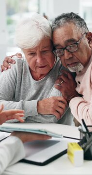 Doctor, hug and tablet with old couple in hospital for terminal diagnosis, support and healthcare. Medical, help and comfort with senior patient in clinic for advice, trust and online cancer result